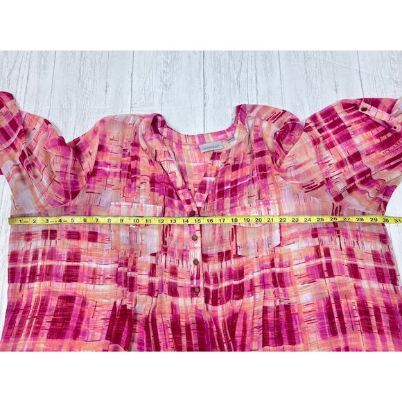 Avenue Womens Pink & Peach Abstract Printed Blouse 30/32 Button-Up Pocket Detail - Picture 2 of 15